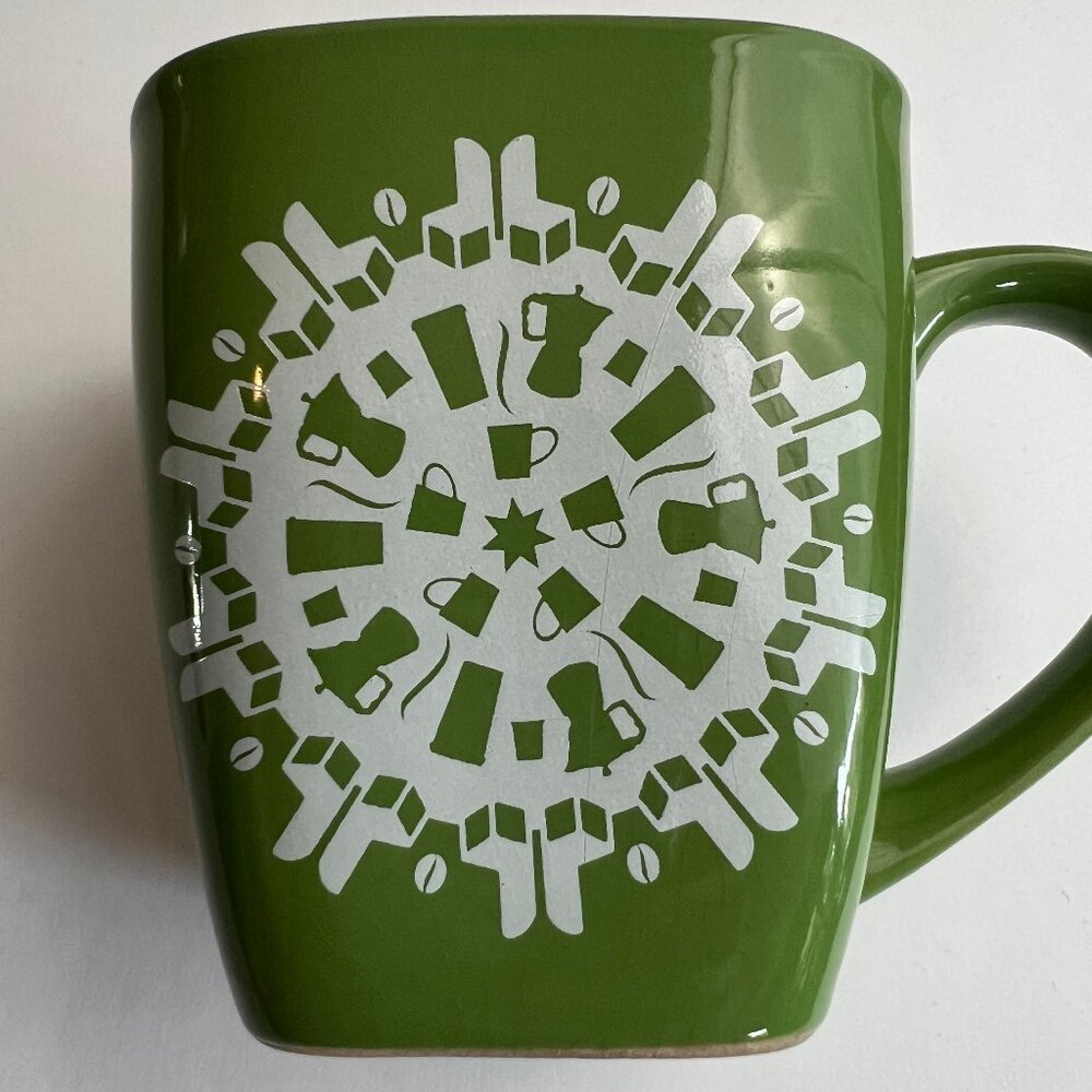 Starbucks Coffee Mug Cup 2004 Green Square 14oz Holiday Snowflake Christmas
